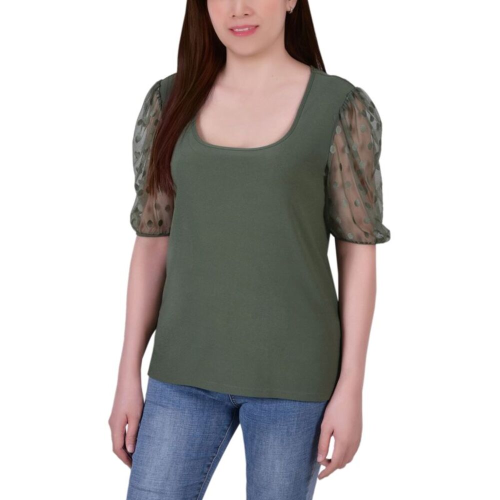 NY Collection Petite Mesh Dot Elbow Sleeve Crepe Top